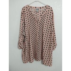 Cato Womens Plus Size 4X(30/32W) Pink Gray Polka Dot 3/4 Sleeve Button Up Blouse
